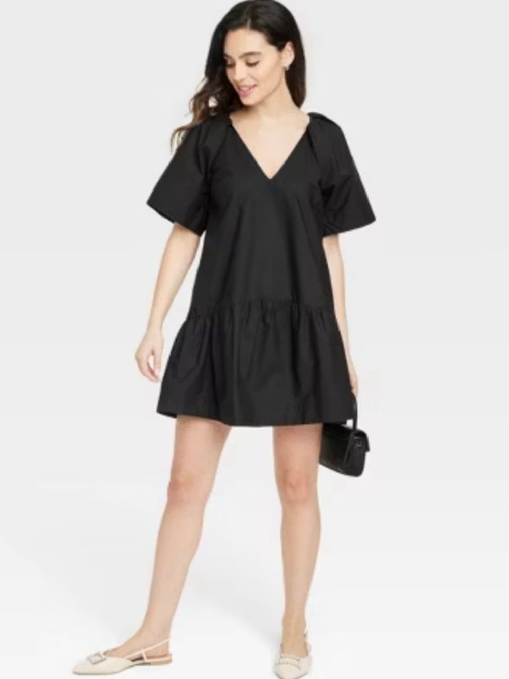 ANew Day Black V-Neck Short Sleeve Tiered Mini Dress Size M